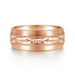 14K Rose Gold 8mm - Engraved Center Pattern, Milgrain Channel Mens Wedding Band Surrey Vancouver Canada Langley Burnaby Richmond