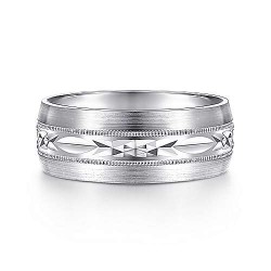 14K White Gold 8mm - Engraved Center Pattern, Milgrain Channel Mens Wedding Band Surrey Vancouver Canada Langley Burnaby Richmond