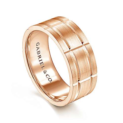 14K Rose Lux 14K Rose Gold 8mm - Grooved Elongated Checkered Pattern Mens Wedding Band Surrey Vancouver Canada Langley Burnaby Richmond