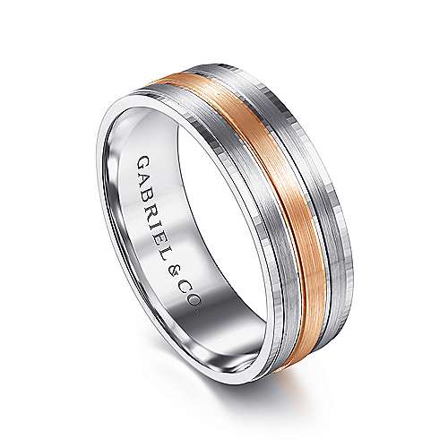 14K WhiteRose Lux 14K White-Rose Gold 7mm - Three Row Satin Mens Wedding Band Surrey Vancouver Canada Langley Burnaby Richmond