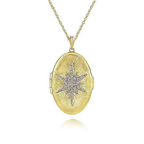 14K Yellow Locket 25" 14K Yellow Gold Oval Locket Necklace with Diamond Starburst Overlay Surrey Vancouver Canada Langley Burnaby Richmond