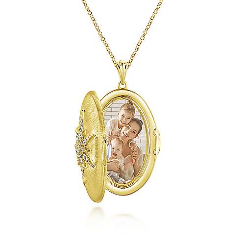 14K Yellow Locket 25" 14K Yellow Gold Oval Locket Necklace with Diamond Starburst Overlay Surrey Vancouver Canada Langley Burnaby Richmond