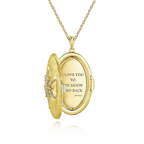 14K Yellow Locket 25" 14K Yellow Gold Oval Locket Necklace with Diamond Starburst Overlay Surrey Vancouver Canada Langley Burnaby Richmond