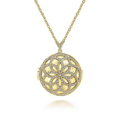 14K Yellow Locket 25" 14K Yellow Gold Locket Necklace with Floral Diamond Overlay Surrey Vancouver Canada Langley Burnaby Richmond