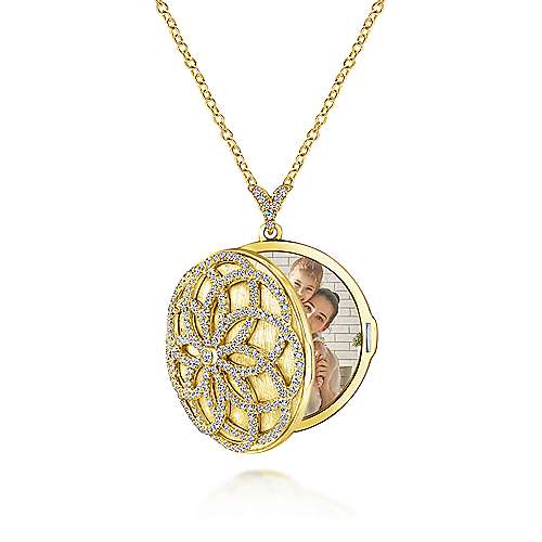 14K Yellow Locket 25" 14K Yellow Gold Locket Necklace with Floral Diamond Overlay Surrey Vancouver Canada Langley Burnaby Richmond