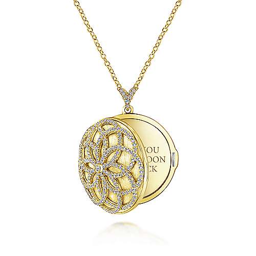 14K Yellow Locket 25" 14K Yellow Gold Locket Necklace with Floral Diamond Overlay Surrey Vancouver Canada Langley Burnaby Richmond