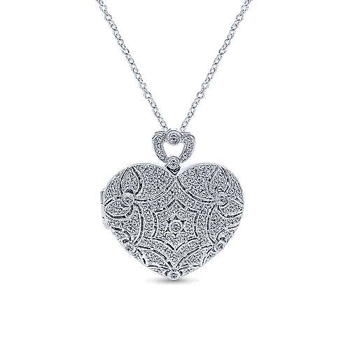 14K White Locket 24" Vintage Inspired 14K White Gold Heart Shaped Filigree Diamond Locket Necklace Surrey Vancouver Canada Langley Burnaby Richmond