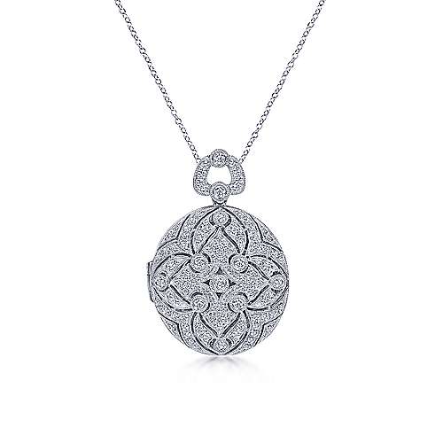 14K White Locket 24" Vintage Inspired 14K White Gold Round Filigree Diamond Locket Necklace Surrey Vancouver Canada Langley Burnaby Richmond