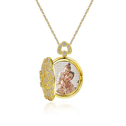 14K Yellow Locket 24" Vintage Inspired 14K Yellow Gold Round Filigree Diamond Locket Necklace Surrey Vancouver Canada Langley Burnaby Richmond