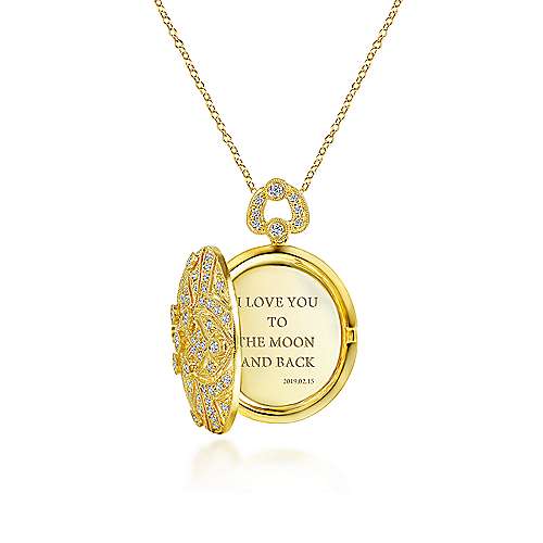 14K Yellow Locket 24" Vintage Inspired 14K Yellow Gold Round Filigree Diamond Locket Necklace Surrey Vancouver Canada Langley Burnaby Richmond