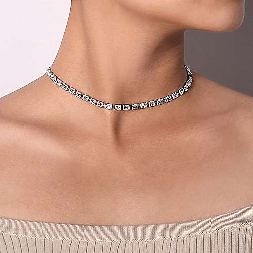 14K White Choker 14K White Gold Diamond Baguette Halo Station Necklace Surrey Vancouver Canada Langley Burnaby Richmond