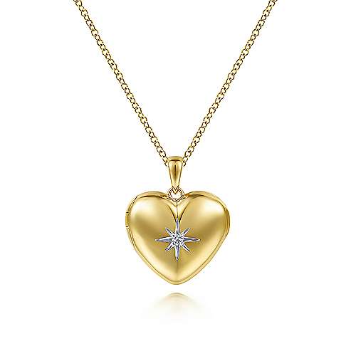 14K Yellow Locket 14K Yellow Gold Puff Heart Pendant Necklace with Diamond Star Surrey Vancouver Canada Langley Burnaby Richmond