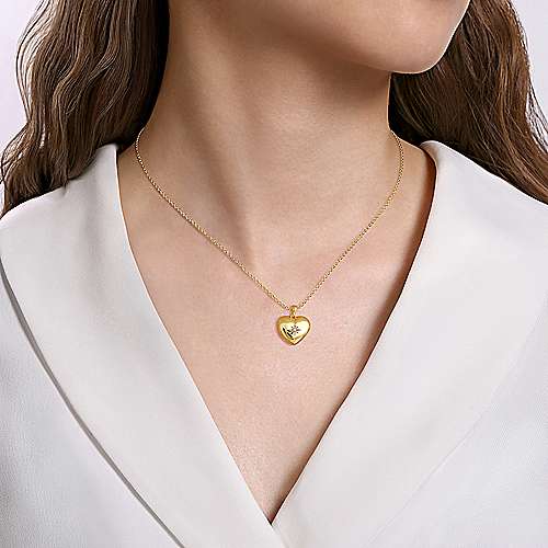 14K Yellow Locket 14K Yellow Gold Puff Heart Pendant Necklace with Diamond Star Surrey Vancouver Canada Langley Burnaby Richmond