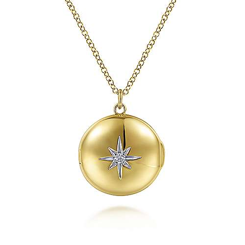 14K Yellow Locket 14K Yellow Gold Round Locket Necklace with Diamond Star Center Surrey Vancouver Canada Langley Burnaby Richmond